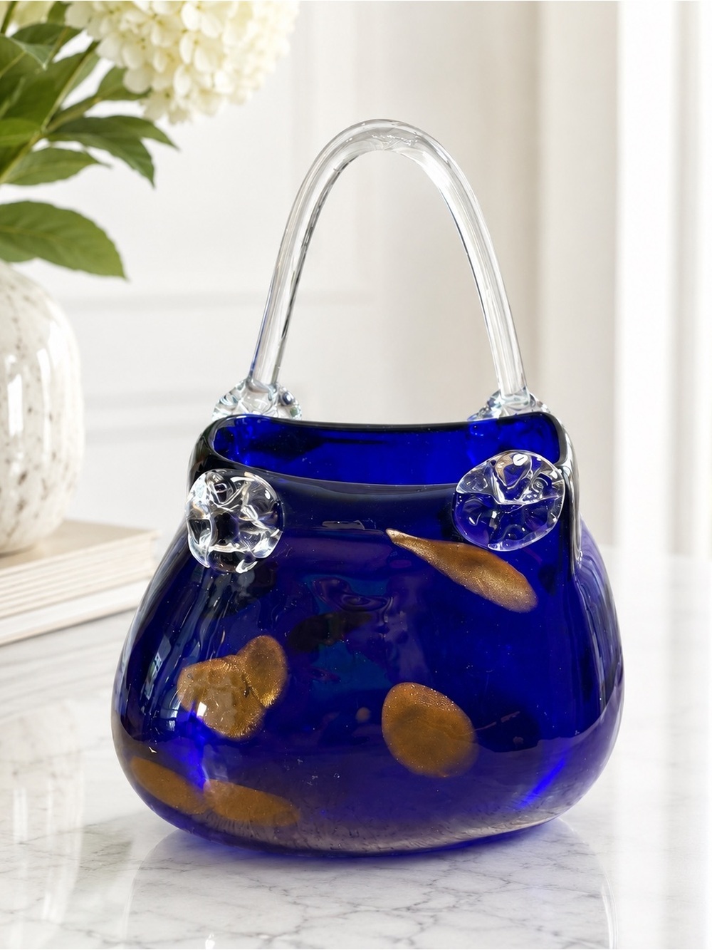 Cobalt Blue Art Glass Handbag Vase with Gold Flecks
